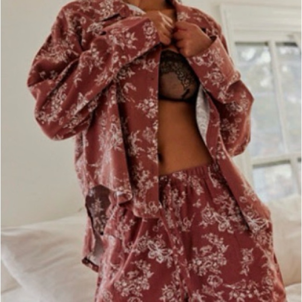 Free People Floral Print Flannel Sleepwear Set - mocha